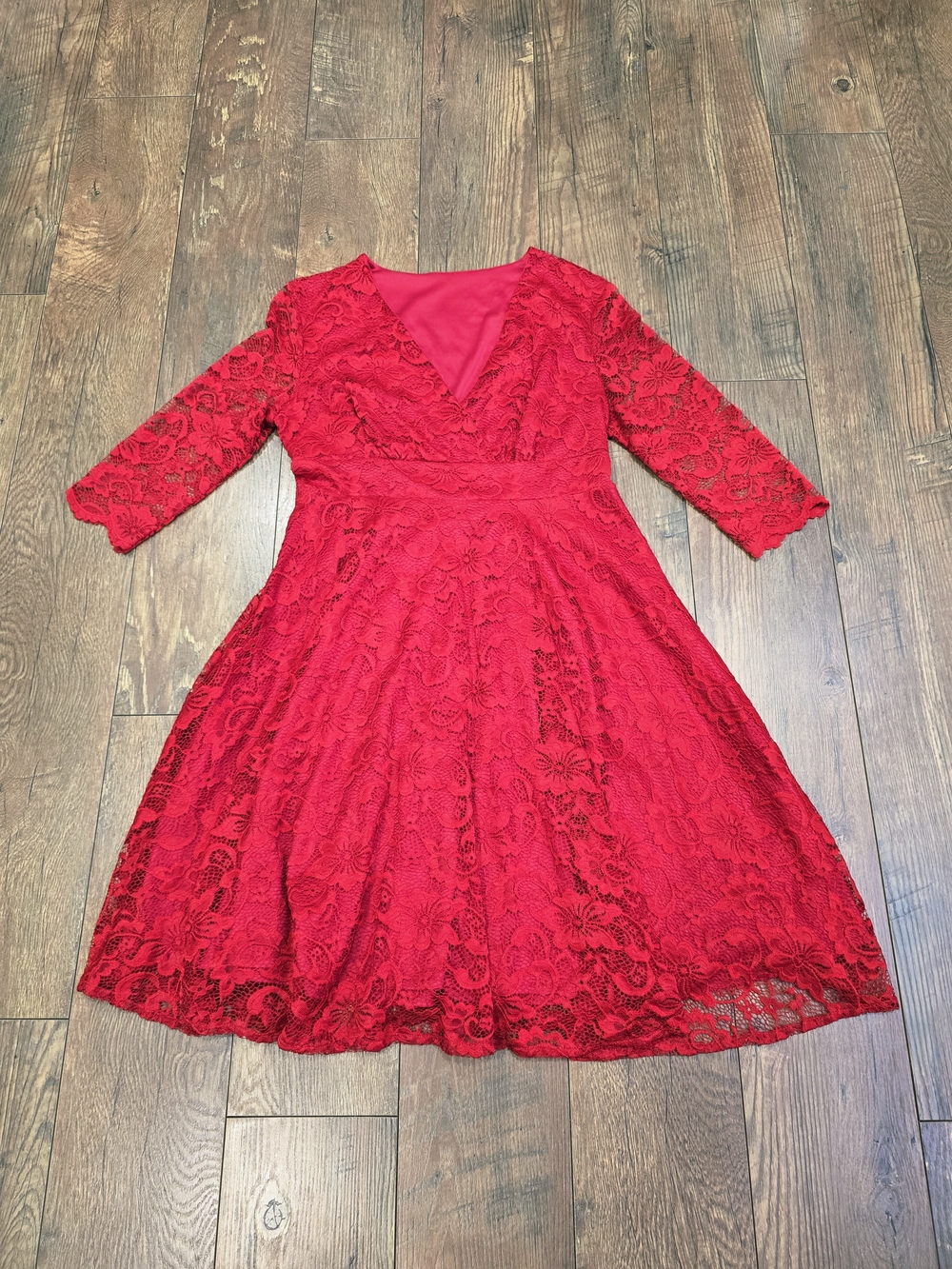 Red Lace A-Line Dress with V-Neck